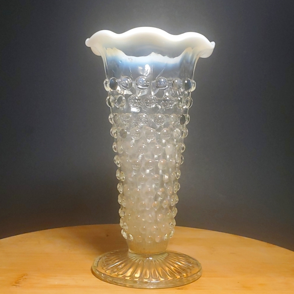 VINTAGE Opalescent Moonstone Ruffle Top Clear Hobnail 5 1/2" Bud Vase